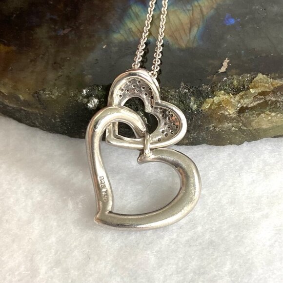 Sterling Silver 925 HOB Double Open Heart Pave Diamond Necklace 19.5" Chain - Picture 11 of 16